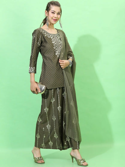 Olive Green Floral Printed Kurta Set with Trousers & Dupatta for Women | Indiaista