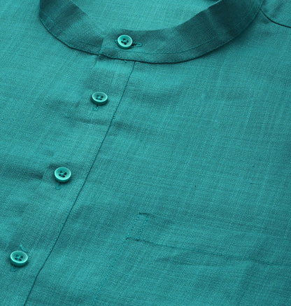 Men's Pure Cotton Kurta with Pyjamas Set - Teal Solid, Mandarin Collar, Regular Fit | Indiaista.com