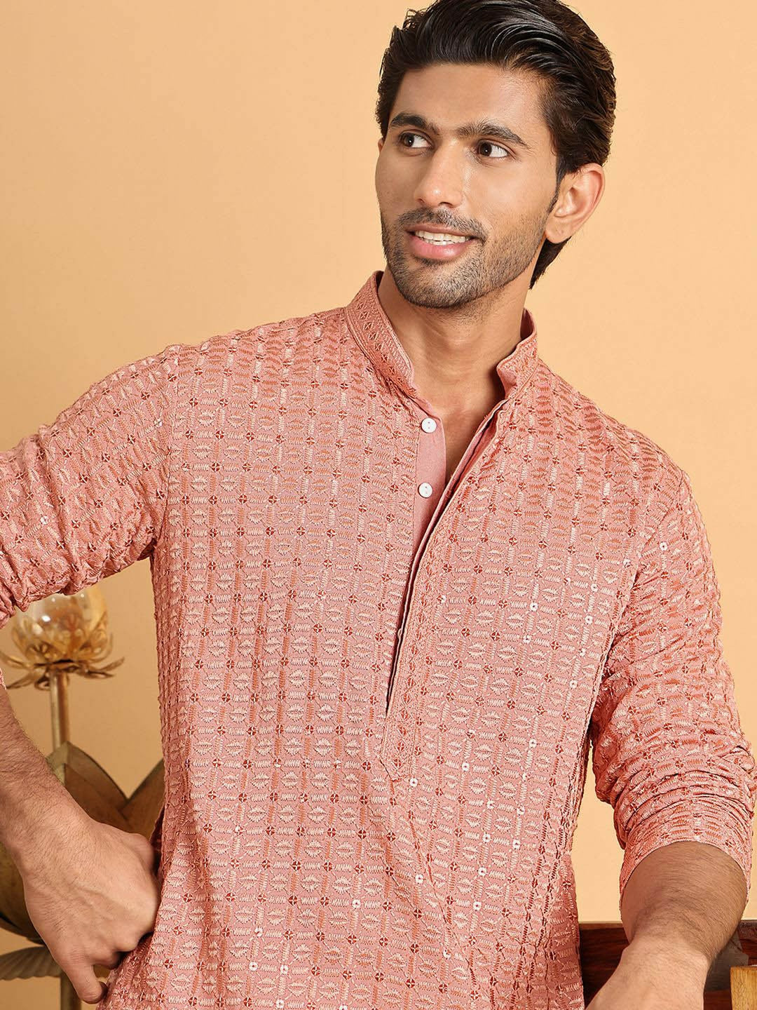 Buy Men’s Embroidered Chikankari Kurta Set – Peach Kurta with Pyjamas | Indiaista