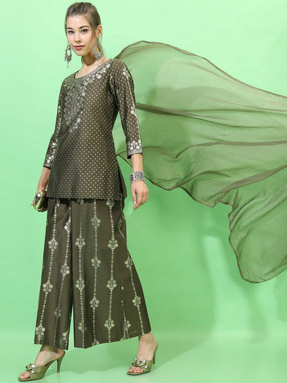 Olive Green Floral Printed Kurta Set with Trousers & Dupatta for Women | Indiaista