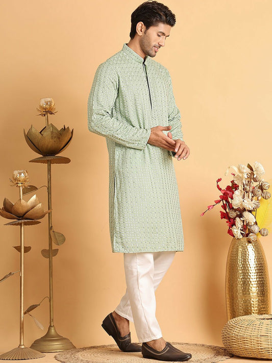 Men's Green Embroidered Chikankari Kurta Set with Pyjamas | Stylish & Comfortable