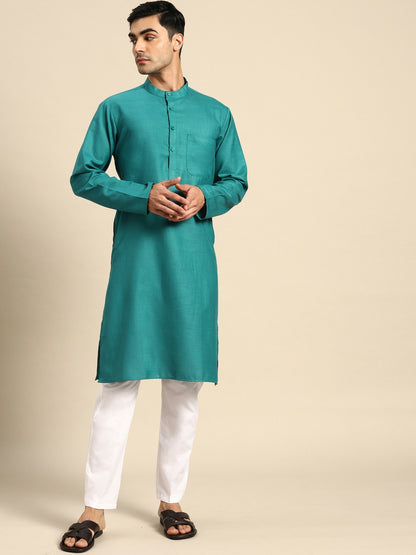 Men's Pure Cotton Kurta with Pyjamas Set - Teal Solid, Mandarin Collar, Regular Fit | Indiaista.com