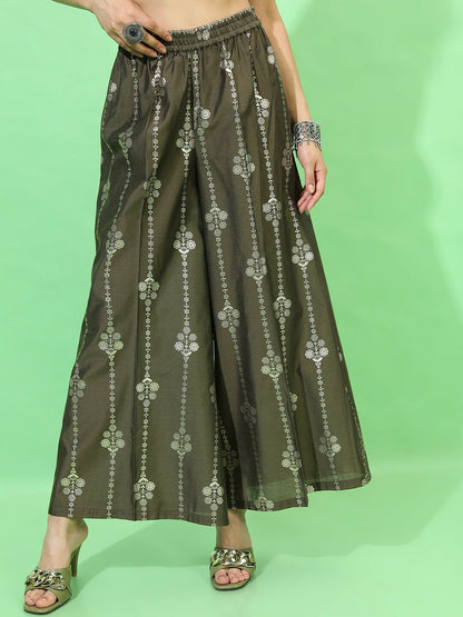 Olive Green Floral Printed Kurta Set with Trousers & Dupatta for Women | Indiaista