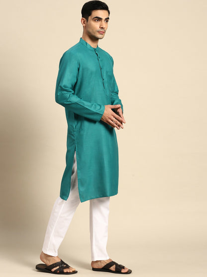 Men's Pure Cotton Kurta with Pyjamas Set - Teal Solid, Mandarin Collar, Regular Fit | Indiaista.com