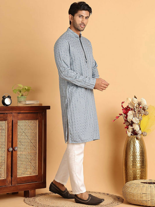 Men's Grey Embroidered Chikankari Kurta Set with Pyjamas - Regular Fit, Geometric Design, Mandarin Collar