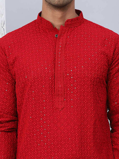 Buy Men’s Maroon Floral Embroidered Kurta Set with Pyjamas | Pure Cotton & Sequinned Detail