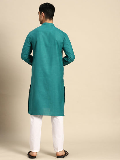 Men's Pure Cotton Kurta with Pyjamas Set - Teal Solid, Mandarin Collar, Regular Fit | Indiaista.com