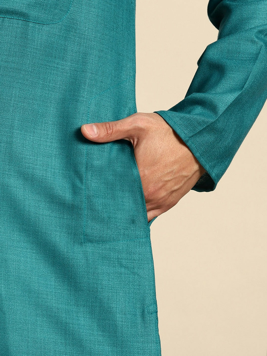 Men's Pure Cotton Kurta with Pyjamas Set - Teal Solid, Mandarin Collar, Regular Fit | Indiaista.com