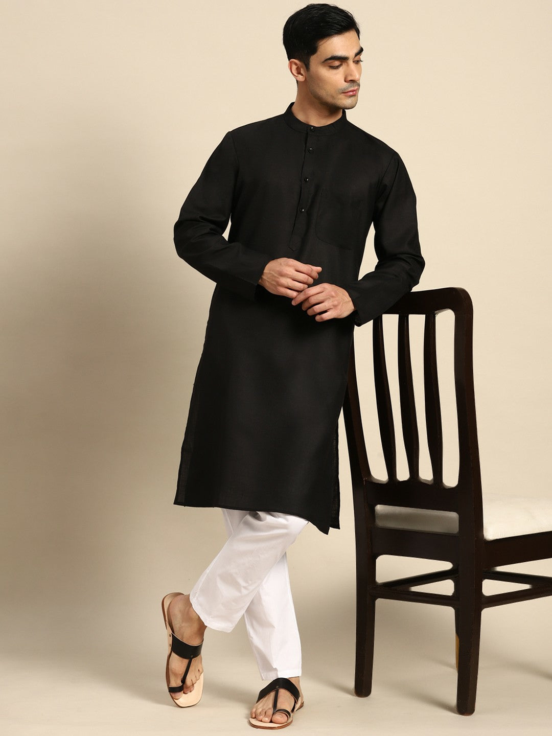 Buy Men’s Pure Cotton Kurta with Pyjama - Black Solid Kurta Set | Indiaista