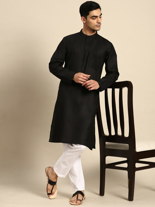 Buy Men’s Pure Cotton Kurta with Pyjama - Black Solid Kurta Set | Indiaista