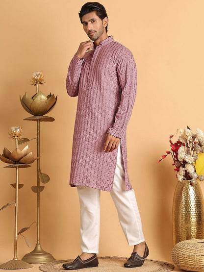 Men Embroidered Regular Chikankari Kurta Set with Pyjamas – Magenta Geometric Design