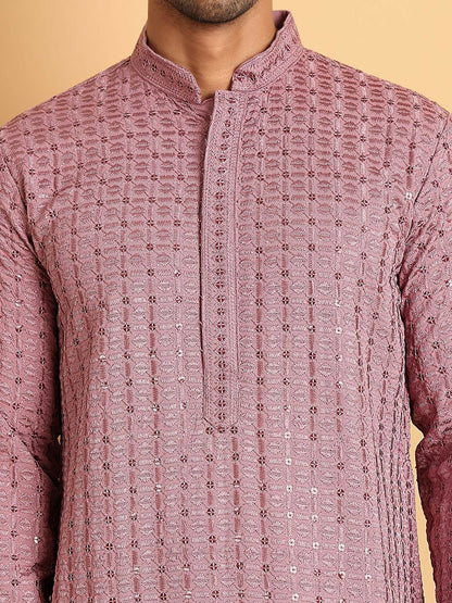 Men Embroidered Regular Chikankari Kurta Set with Pyjamas – Magenta Geometric Design