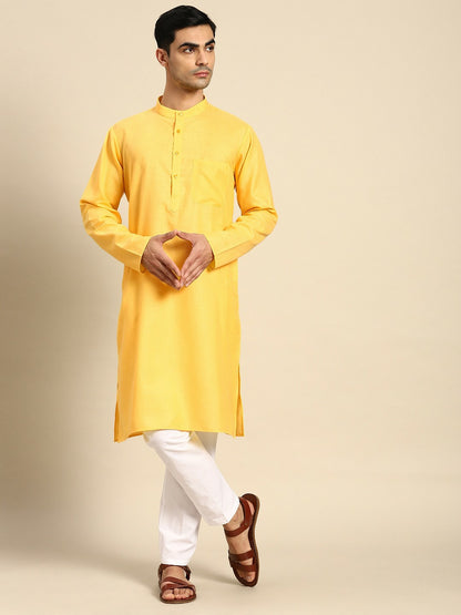 Buy Men’s Pure Cotton Kurta with Pyjama – Yellow Solid Kurta Set | Indiaista