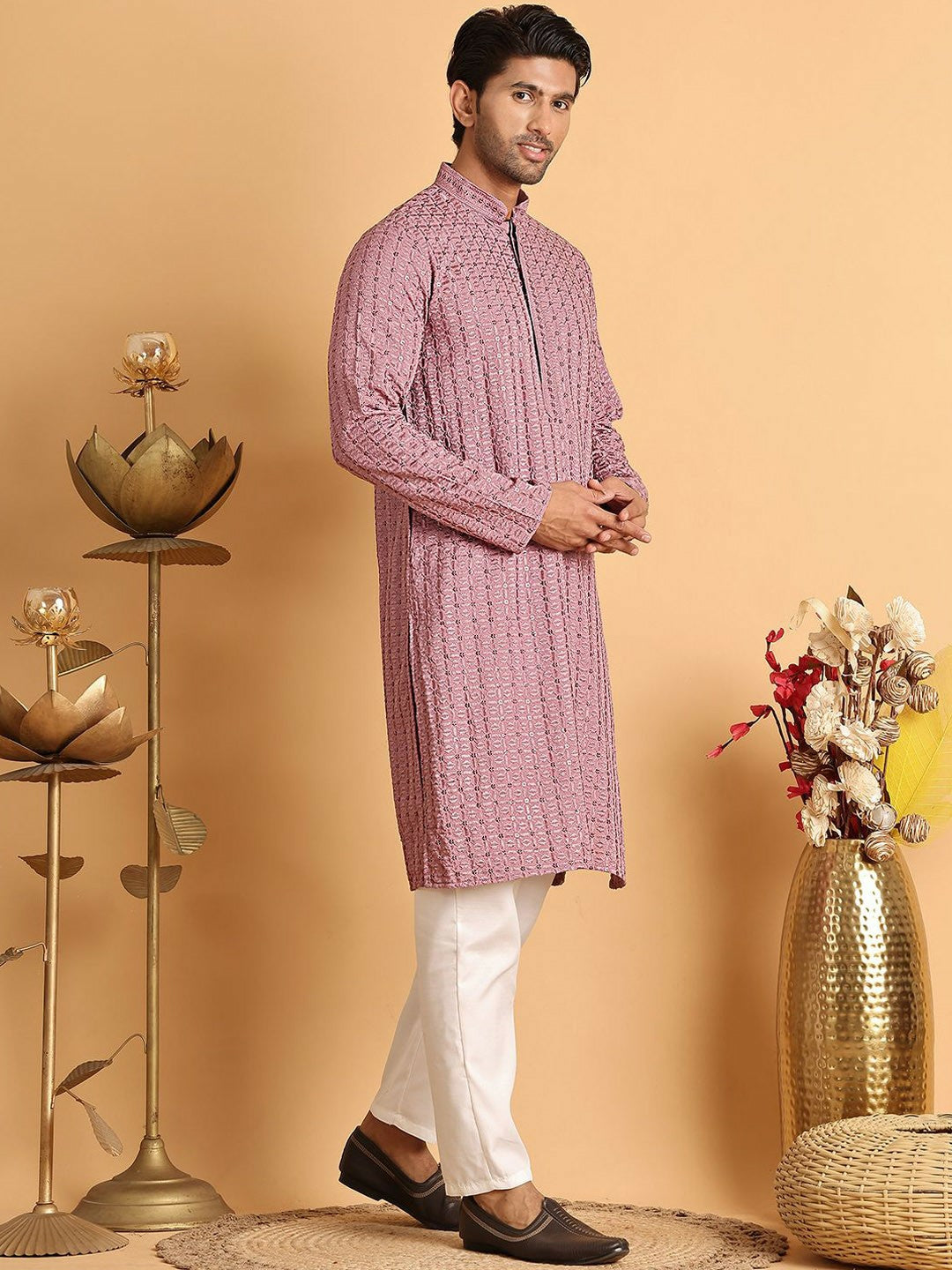 Men Embroidered Regular Chikankari Kurta Set with Pyjamas – Magenta Geometric Design