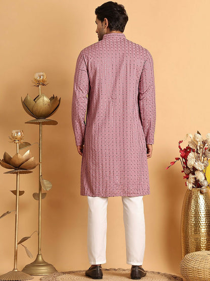 Men Embroidered Regular Chikankari Kurta Set with Pyjamas – Magenta Geometric Design