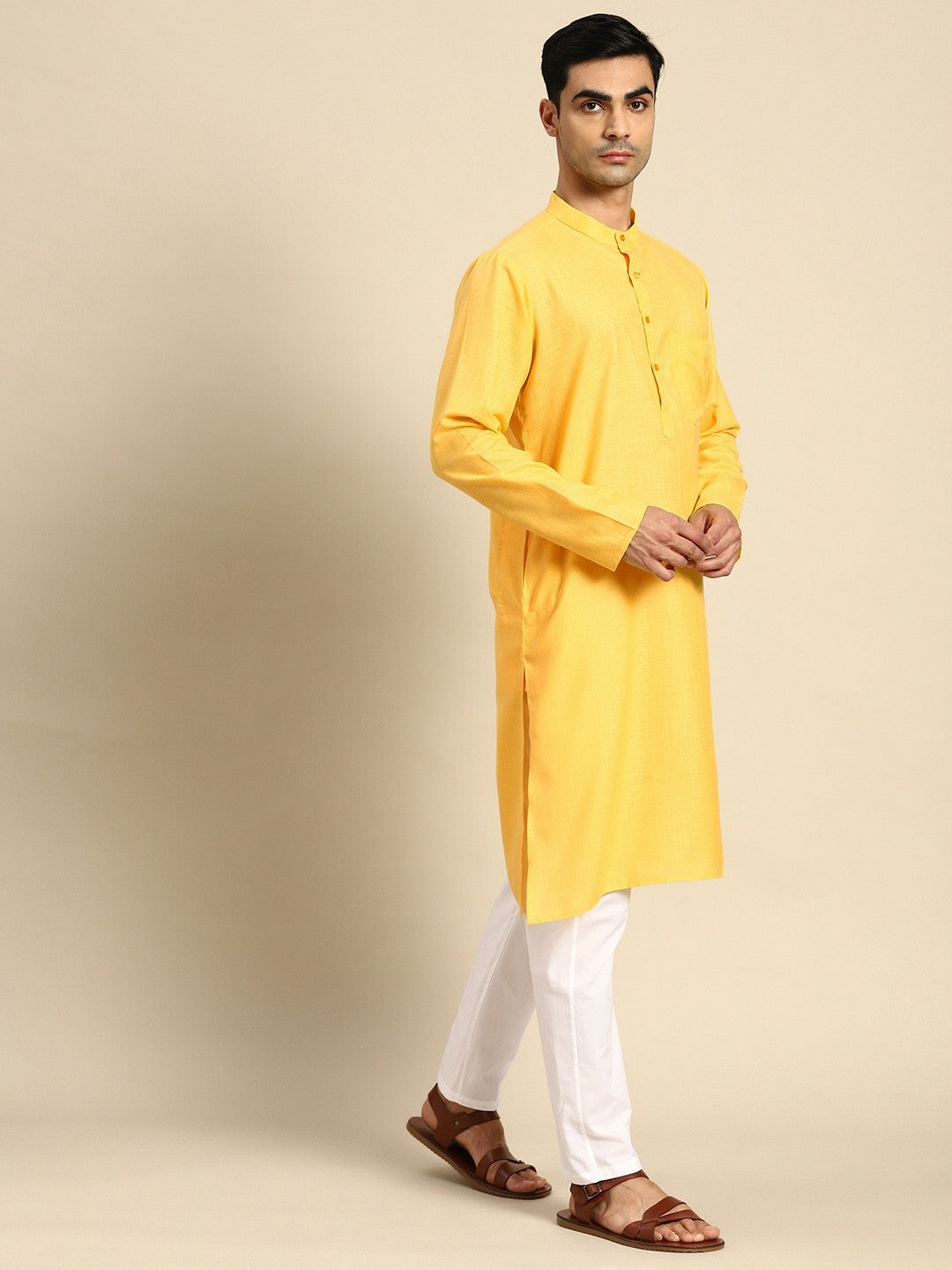 Buy Men’s Pure Cotton Kurta with Pyjama – Yellow Solid Kurta Set | Indiaista