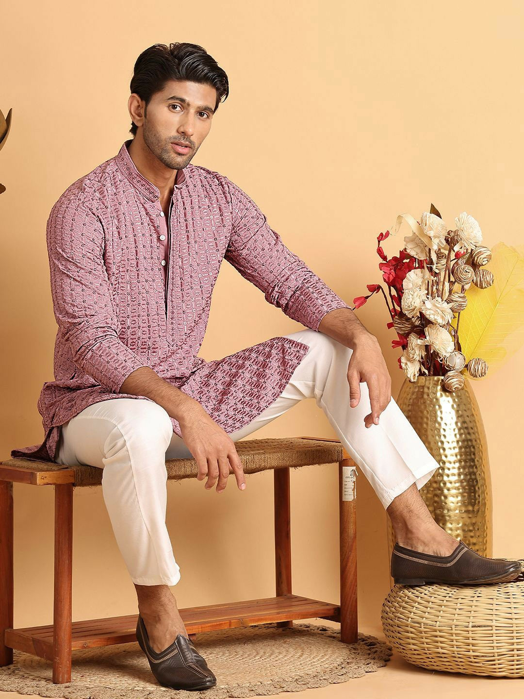 Men Embroidered Regular Chikankari Kurta Set with Pyjamas – Magenta Geometric Design