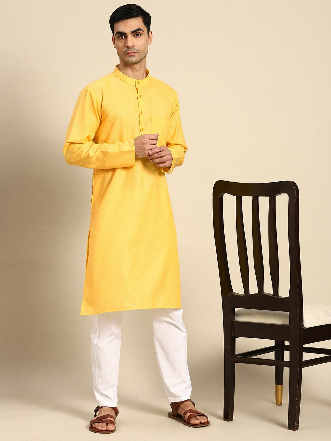 Buy Men’s Pure Cotton Kurta with Pyjama – Yellow Solid Kurta Set | Indiaista