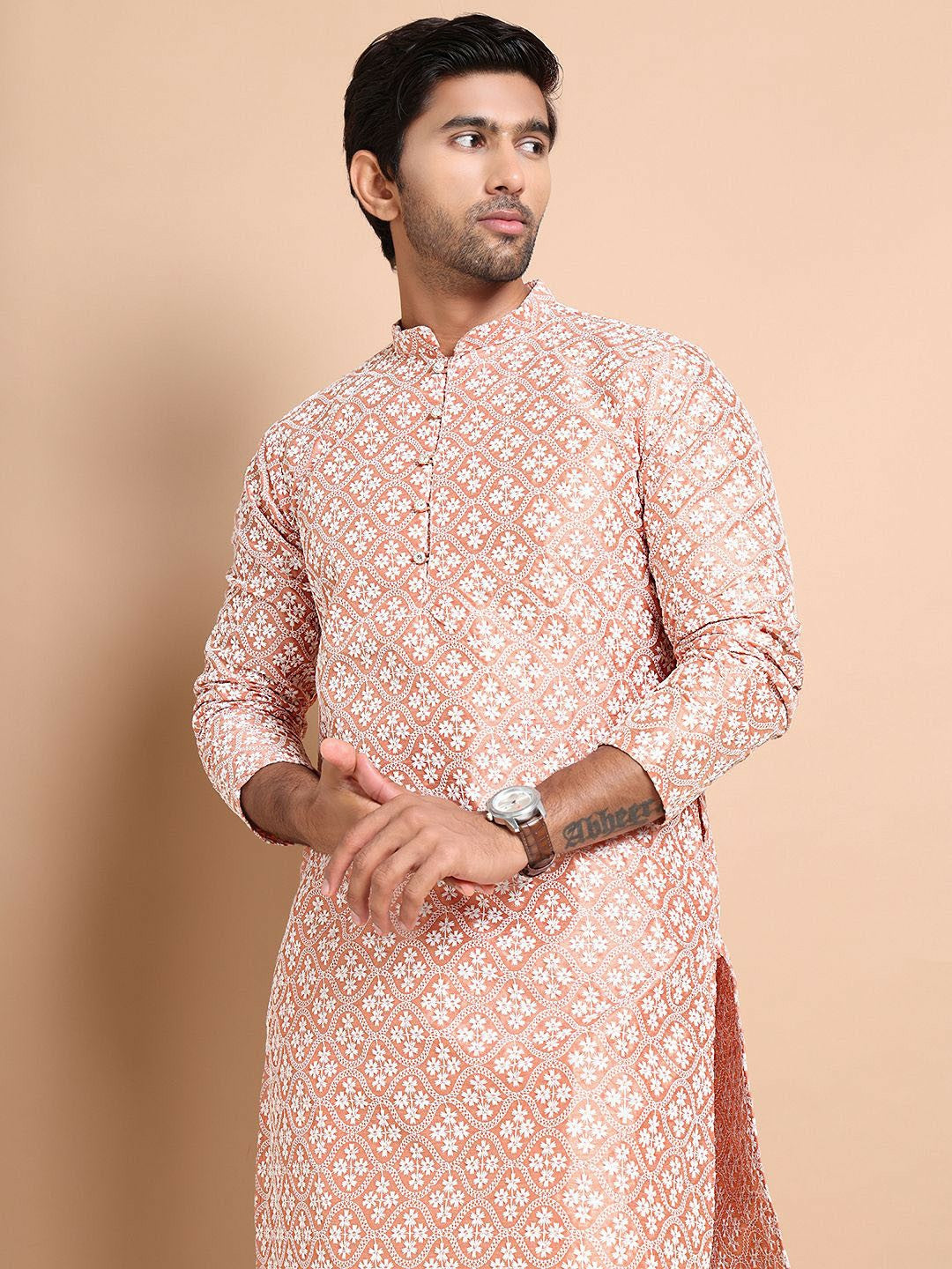 Men's Peach Embroidered Chikankari Kurta with Pyjamas - Ethnic Motifs, Regular Fit, Silk Blend