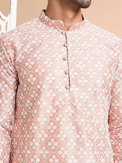 Men's Peach Embroidered Chikankari Kurta with Pyjamas - Ethnic Motifs, Regular Fit, Silk Blend