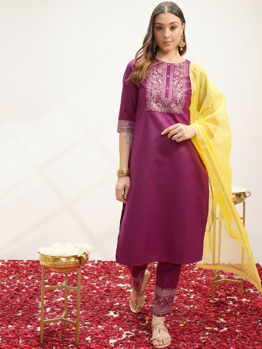 Magenta Ethnic Motifs Yoke Design Kurta Set with Printed Trousers & Dupatta for Women - Indiaista