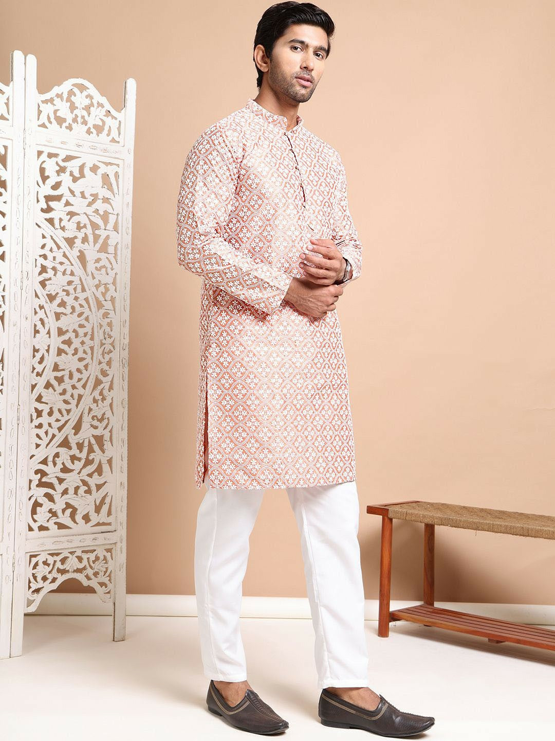 Men's Peach Embroidered Chikankari Kurta with Pyjamas - Ethnic Motifs, Regular Fit, Silk Blend