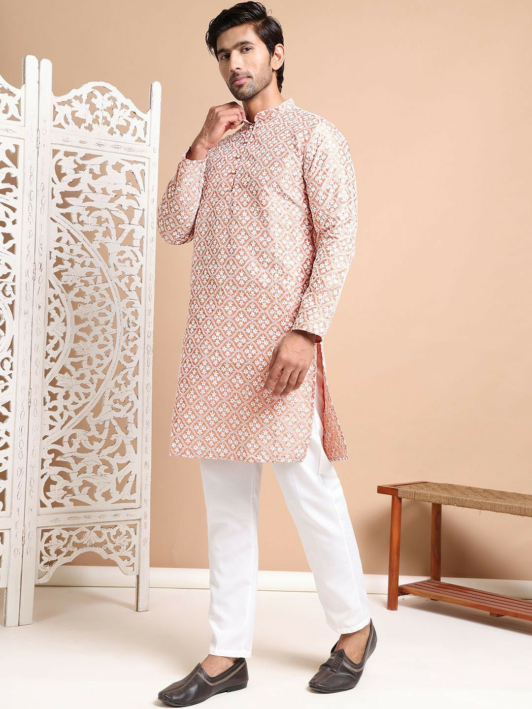 Men's Peach Embroidered Chikankari Kurta with Pyjamas - Ethnic Motifs, Regular Fit, Silk Blend