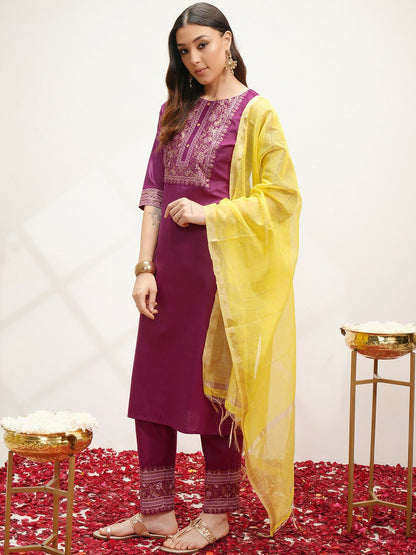 Magenta Ethnic Motifs Yoke Design Kurta Set with Printed Trousers & Dupatta for Women - Indiaista