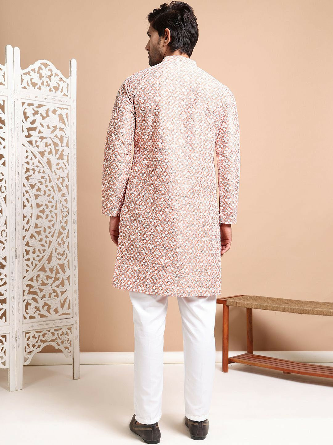 Men's Peach Embroidered Chikankari Kurta with Pyjamas - Ethnic Motifs, Regular Fit, Silk Blend