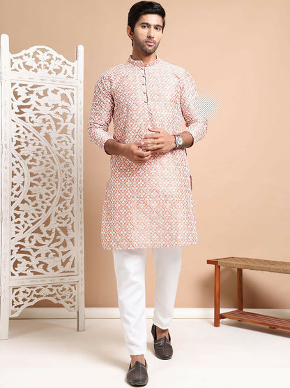 Men's Peach Embroidered Chikankari Kurta with Pyjamas - Ethnic Motifs, Regular Fit, Silk Blend