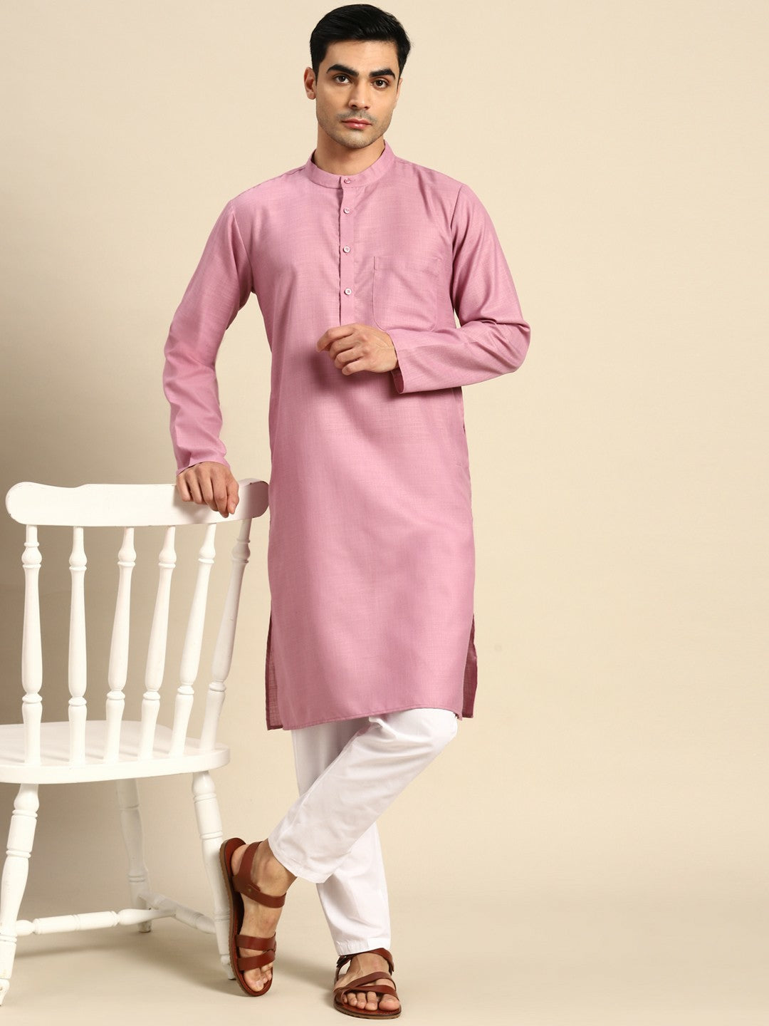 Buy Magenta Solid Pure Cotton Kurta Set for Men – Stylish & Comfortable | Indiaista