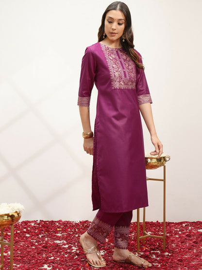 Magenta Ethnic Motifs Yoke Design Kurta Set with Printed Trousers & Dupatta for Women - Indiaista