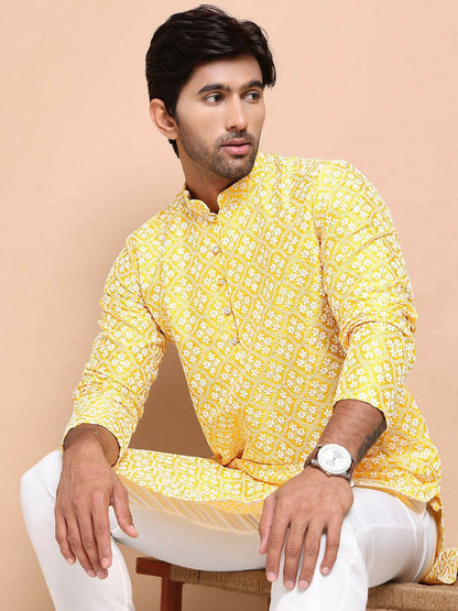 Men's Mustard Yellow Floral Embroidered Chikankari Kurta Set with Pyjamas - Regular Style & Silk Blend Fabric