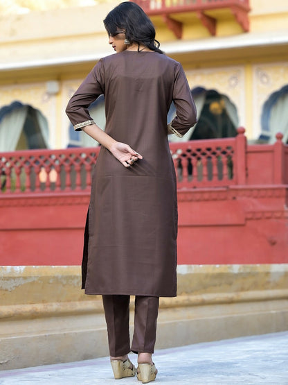 Women Brown & Gold-Toned V-Neck Kurta Set with Trousers & Dupatta - Stylish Ethnic Wear | Indiaista