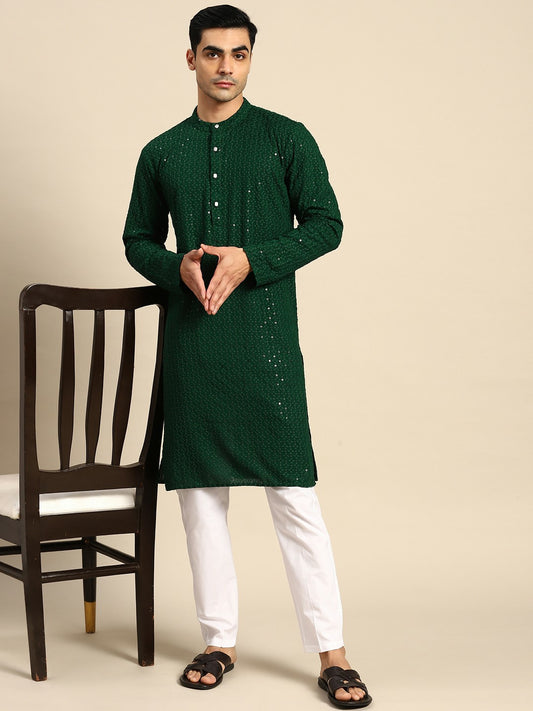 Men Floral Embroidered Sequinned Pure Cotton Kurta Set with Pyjamas – Green, Mandarin Collar