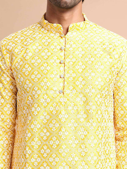 Men's Mustard Yellow Floral Embroidered Chikankari Kurta Set with Pyjamas - Regular Style & Silk Blend Fabric