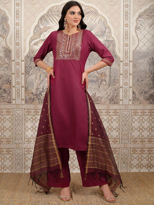 Maroon & Gold-Toned Ethnic Motifs Kurta Set with Palazzos & Dupatta - Indiaista