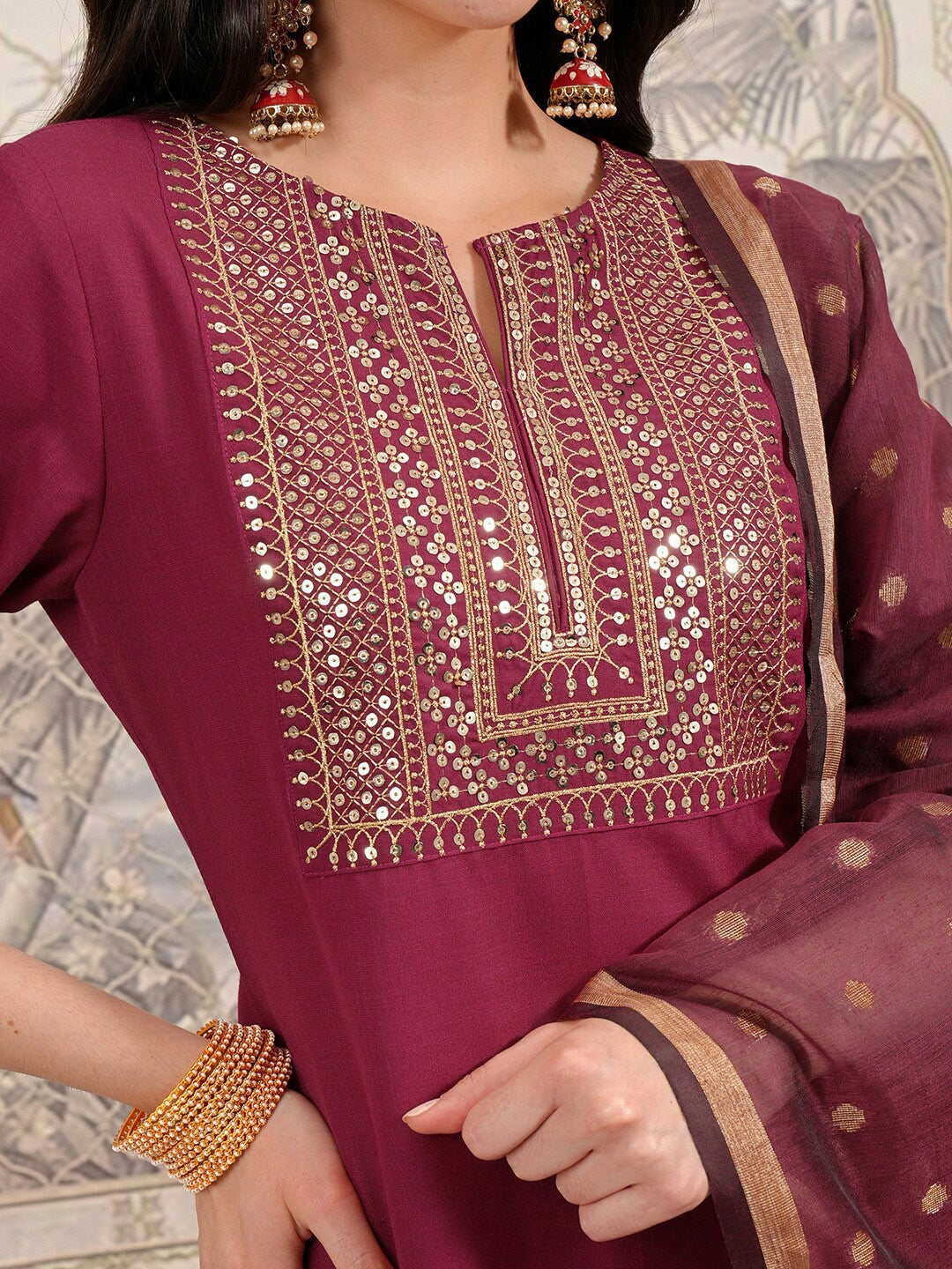 Maroon & Gold-Toned Ethnic Motifs Kurta Set with Palazzos & Dupatta - Indiaista