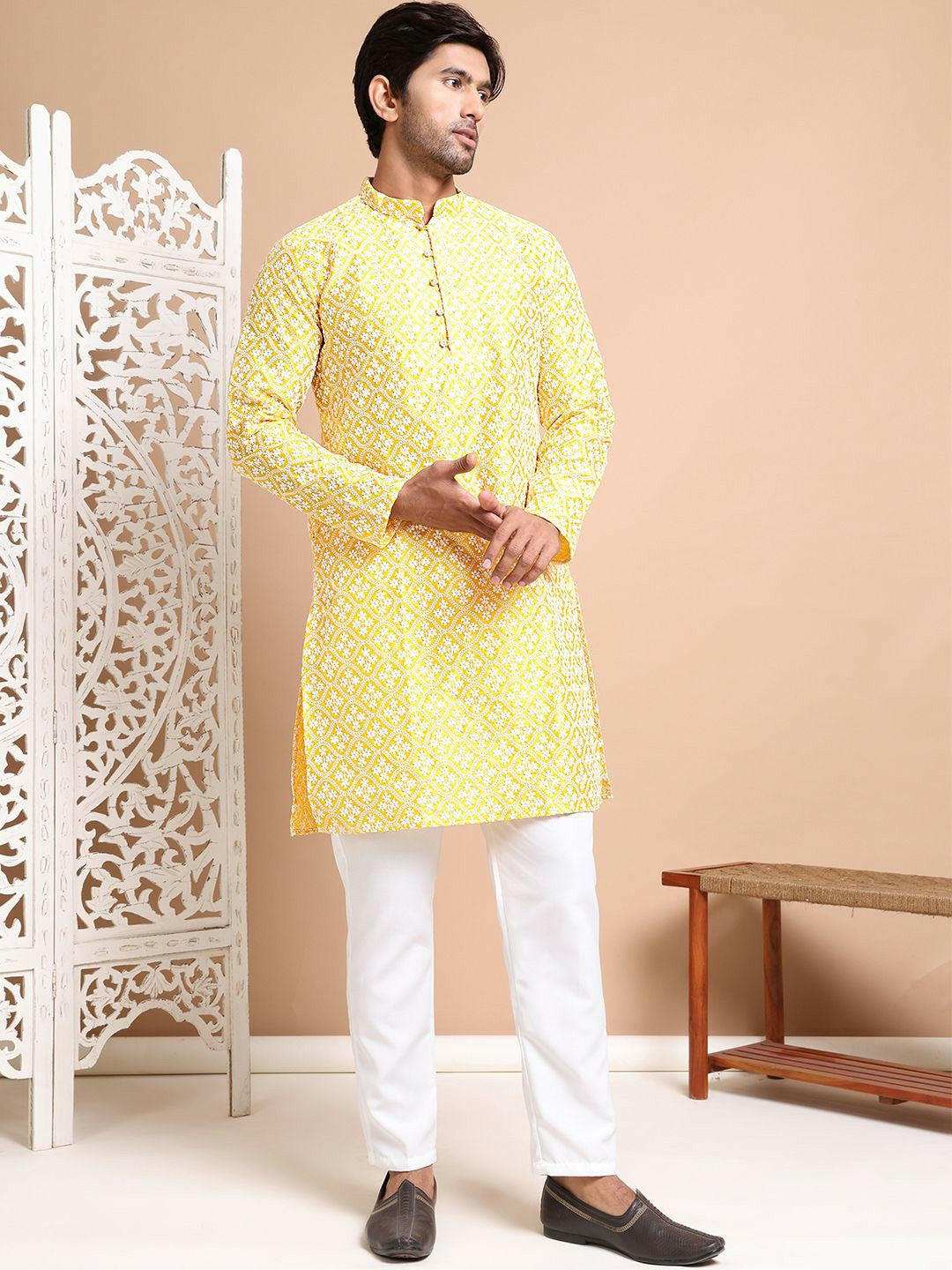 Men's Mustard Yellow Floral Embroidered Chikankari Kurta Set with Pyjamas - Regular Style & Silk Blend Fabric