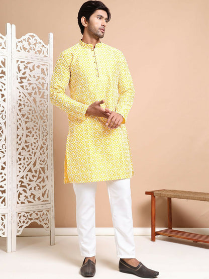 Men's Mustard Yellow Floral Embroidered Chikankari Kurta Set with Pyjamas - Regular Style & Silk Blend Fabric