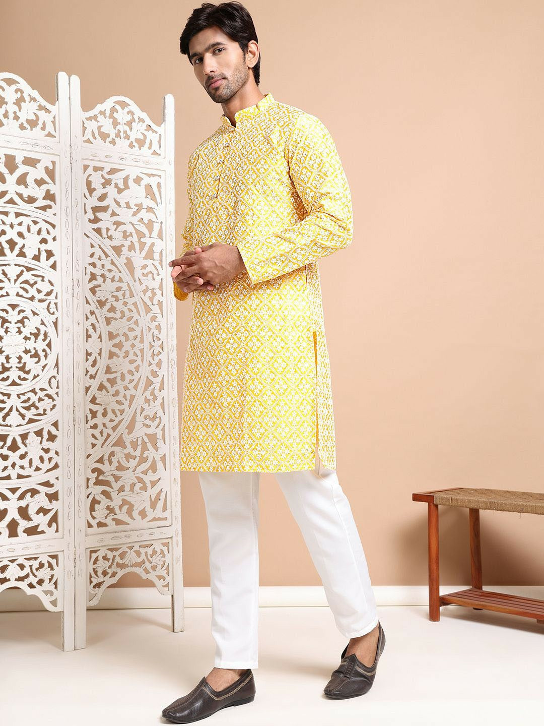 Men's Mustard Yellow Floral Embroidered Chikankari Kurta Set with Pyjamas - Regular Style & Silk Blend Fabric