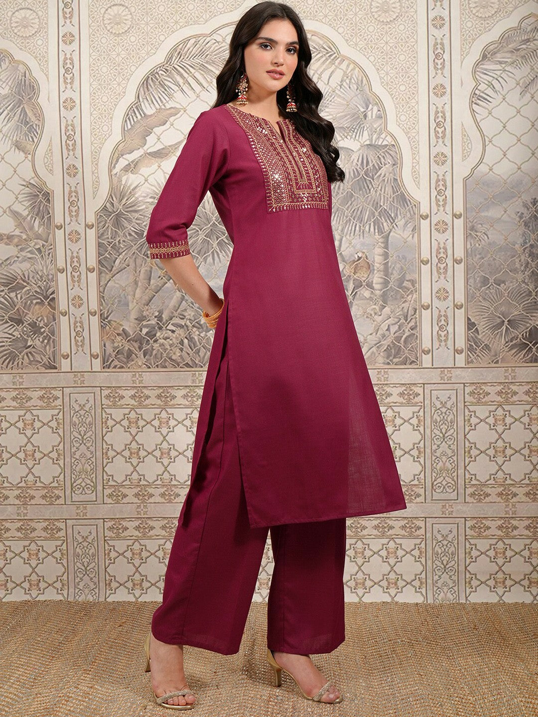 Maroon & Gold-Toned Ethnic Motifs Kurta Set with Palazzos & Dupatta - Indiaista