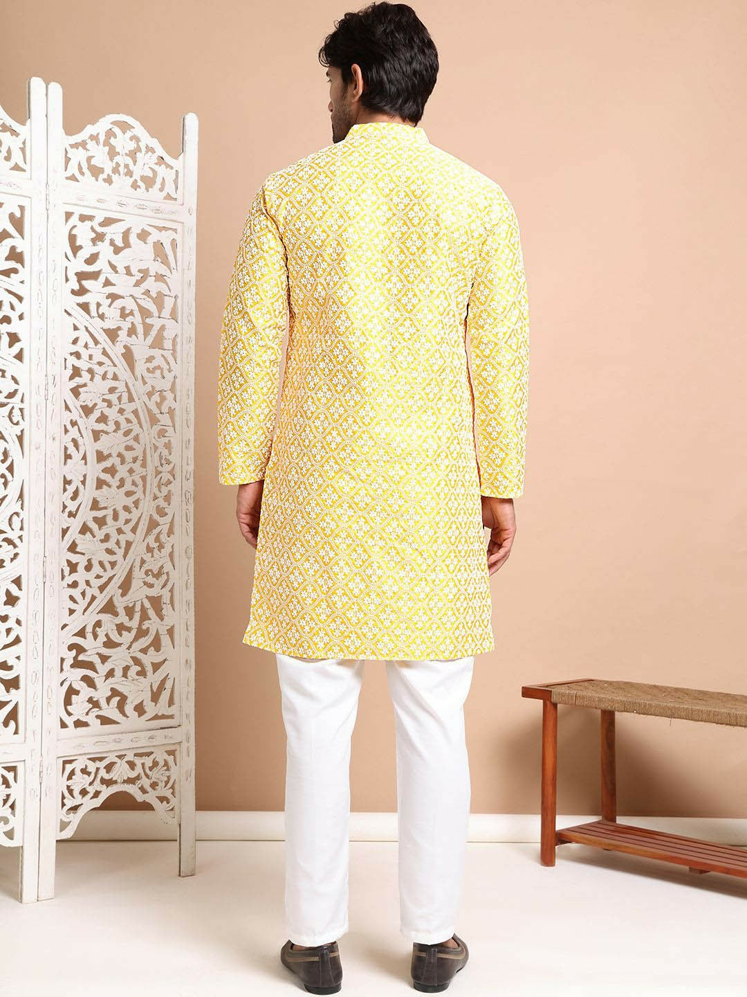 Men's Mustard Yellow Floral Embroidered Chikankari Kurta Set with Pyjamas - Regular Style & Silk Blend Fabric