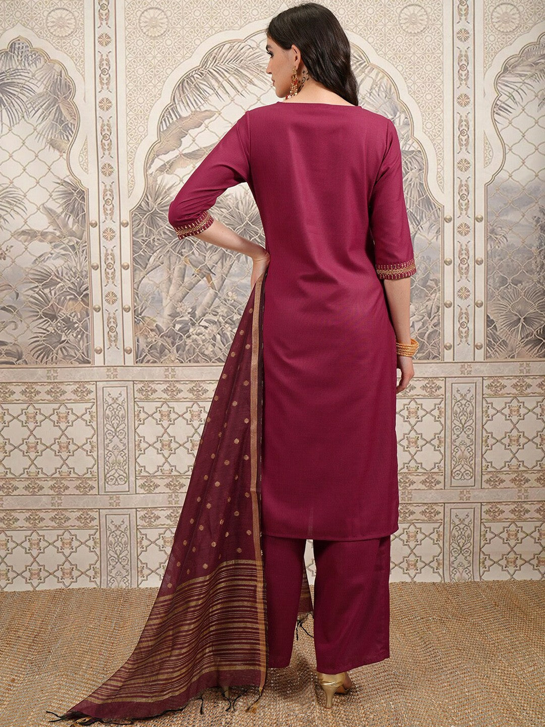 Maroon & Gold-Toned Ethnic Motifs Kurta Set with Palazzos & Dupatta - Indiaista