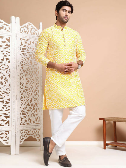 Men's Mustard Yellow Floral Embroidered Chikankari Kurta Set with Pyjamas - Regular Style & Silk Blend Fabric