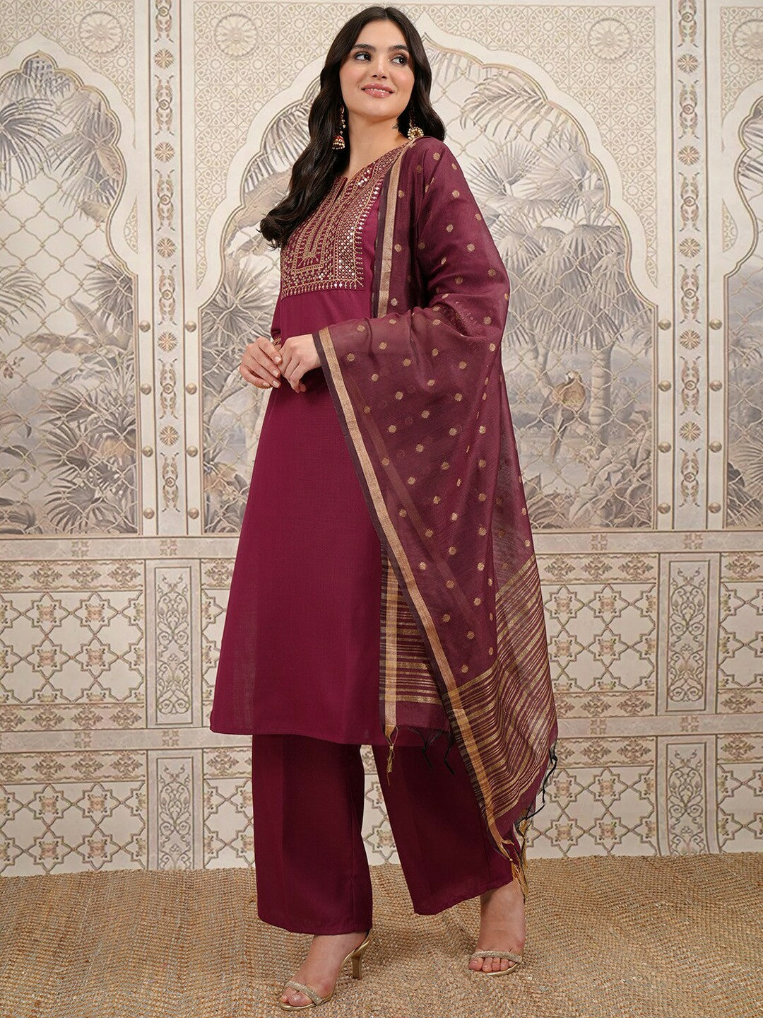 Maroon & Gold-Toned Ethnic Motifs Kurta Set with Palazzos & Dupatta - Indiaista