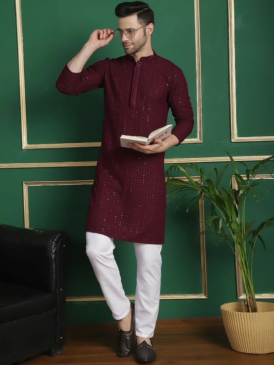 Embroidered Regular Sequinned Purple Kurta Set with Pyjamas for Men - Indiaista