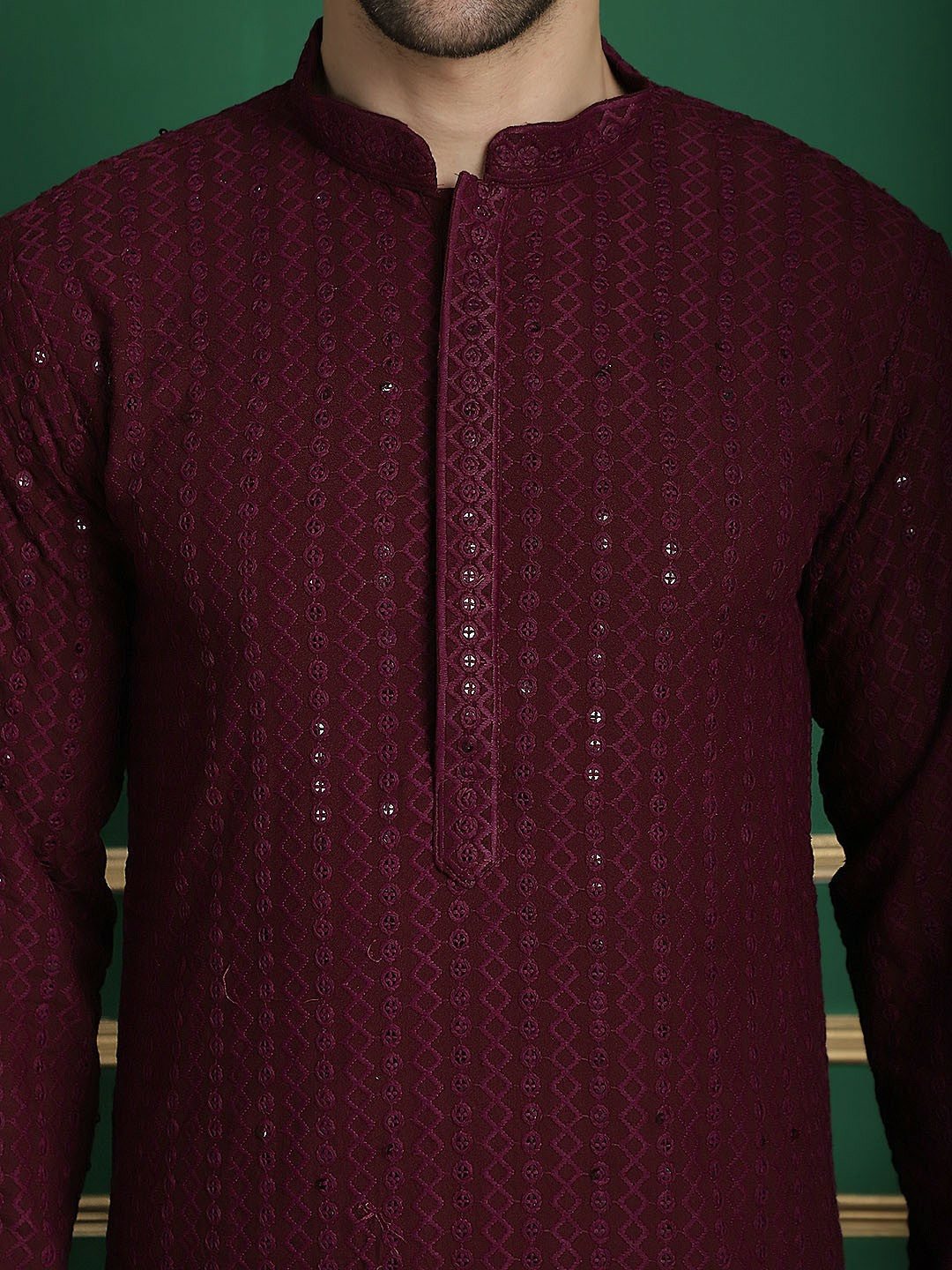 Embroidered Regular Sequinned Purple Kurta Set with Pyjamas for Men - Indiaista