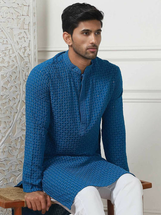 Men Floral Embroidered Sequinned Pure Cotton Kurta Set with Pyjamas – Blue Kurta with Pockets, Mandarin Collar & Elasticated Pyjamas