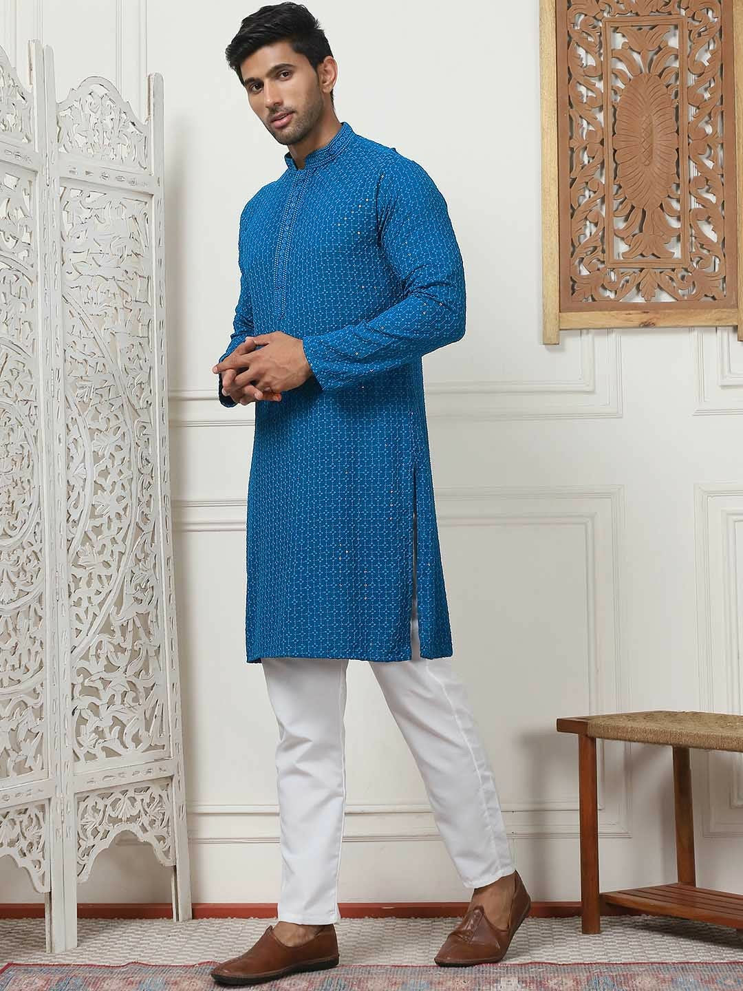 Men Floral Embroidered Sequinned Pure Cotton Kurta Set with Pyjamas – Blue Kurta with Pockets, Mandarin Collar & Elasticated Pyjamas